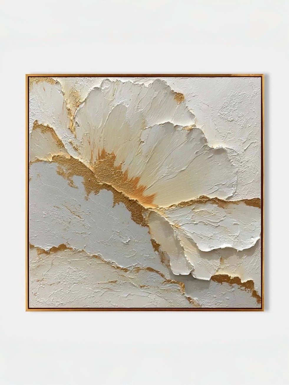 Large square 3D textured white floral oil painting with gold leaf edges, hand-sculpted flower wall art by Luna Xiao for bedroom.