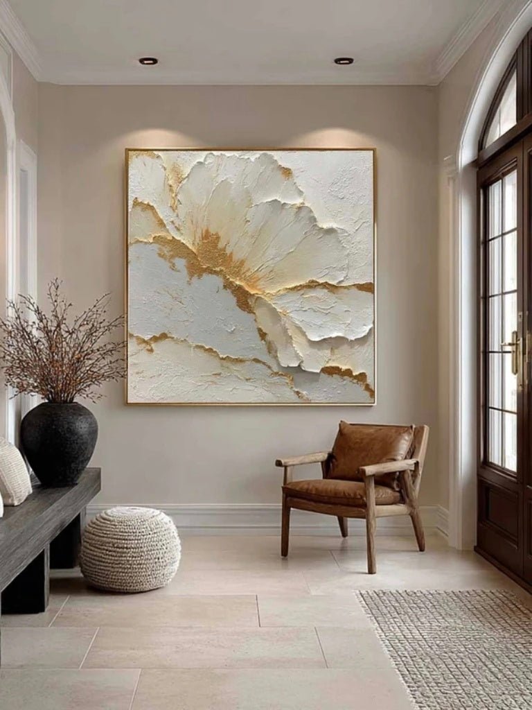 Large square 3D textured white floral oil painting with gold leaf edges, hand-sculpted flower wall art by Luna Xiao for bedroom.