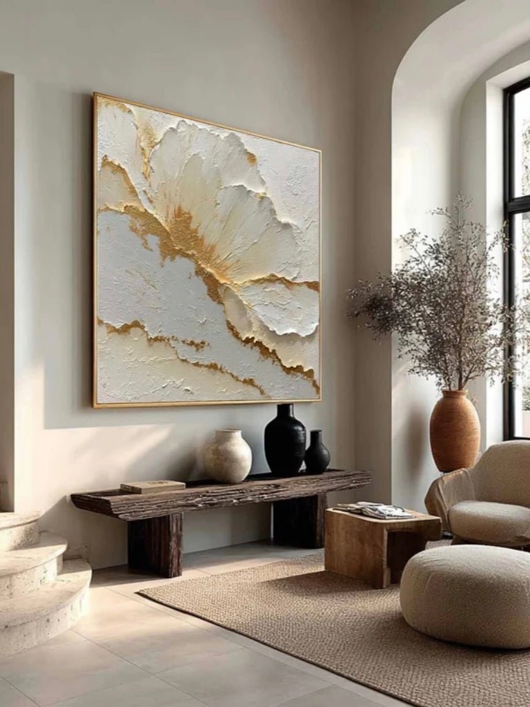 Large square 3D textured white floral oil painting with gold leaf edges, hand-sculpted flower wall art by Luna Xiao for bedroom.