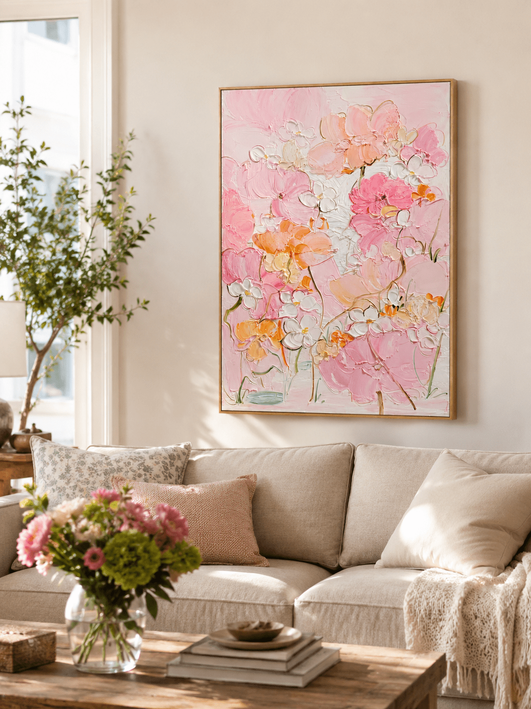 Pink textured flower painting above a cream living room sofa