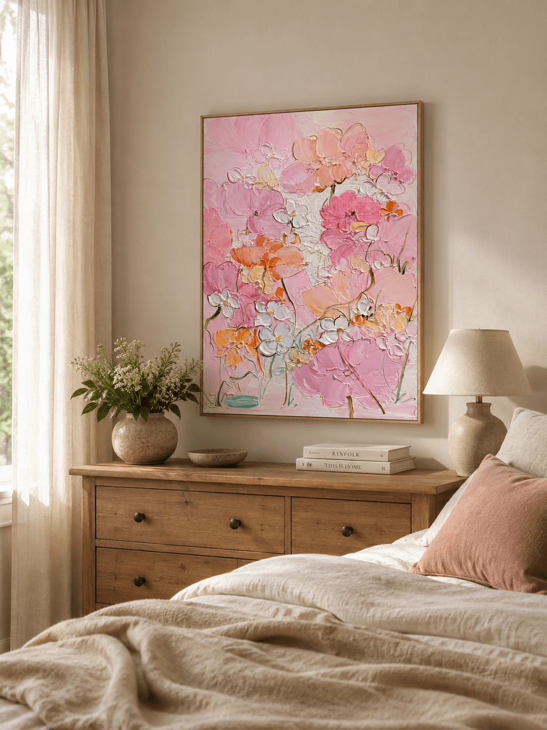 Pink and peach 3D flower painting displayed in a cozy bedroom