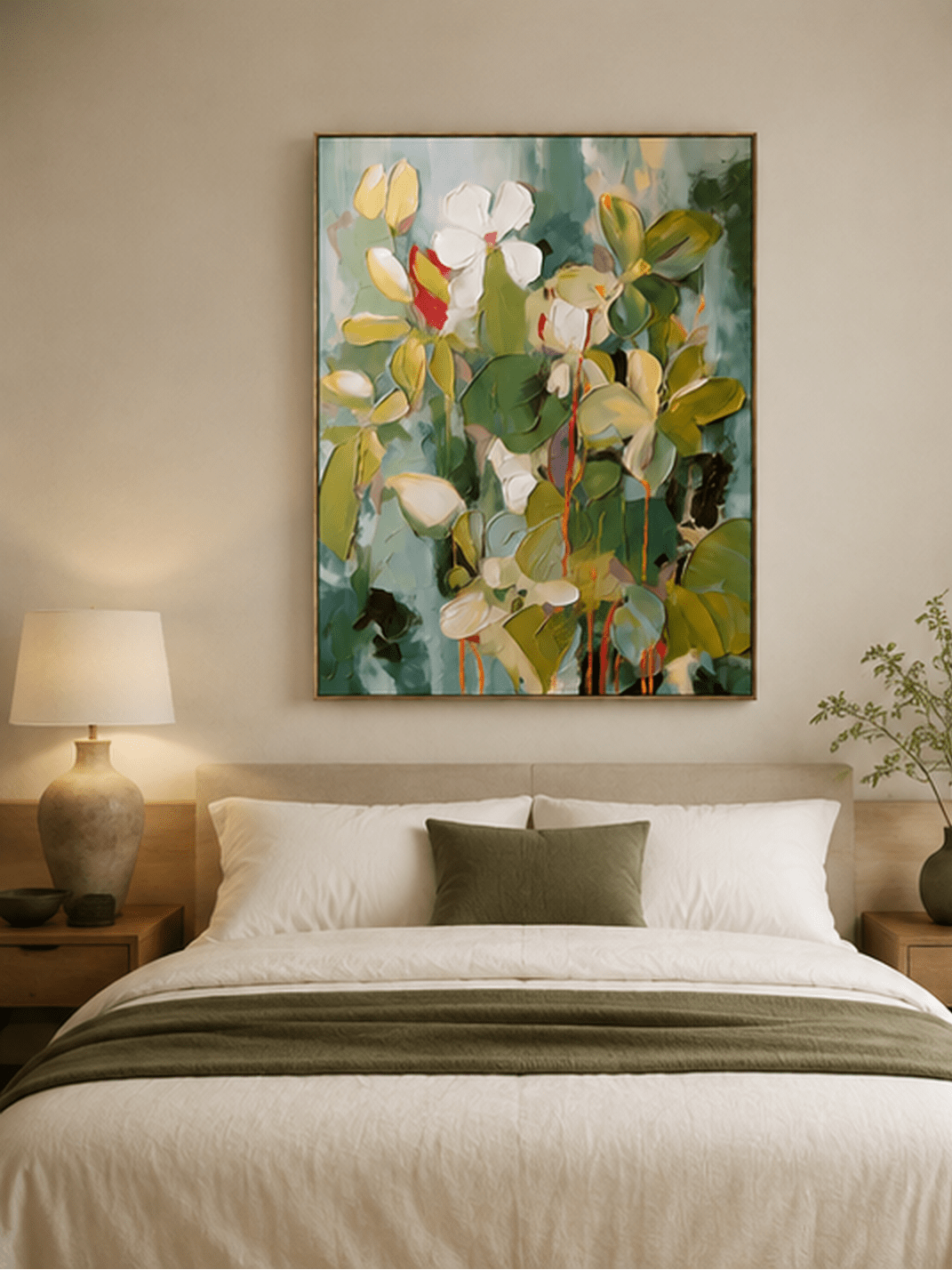 Textured green and cream floral painting displayed in a warm neutral modern bedroom