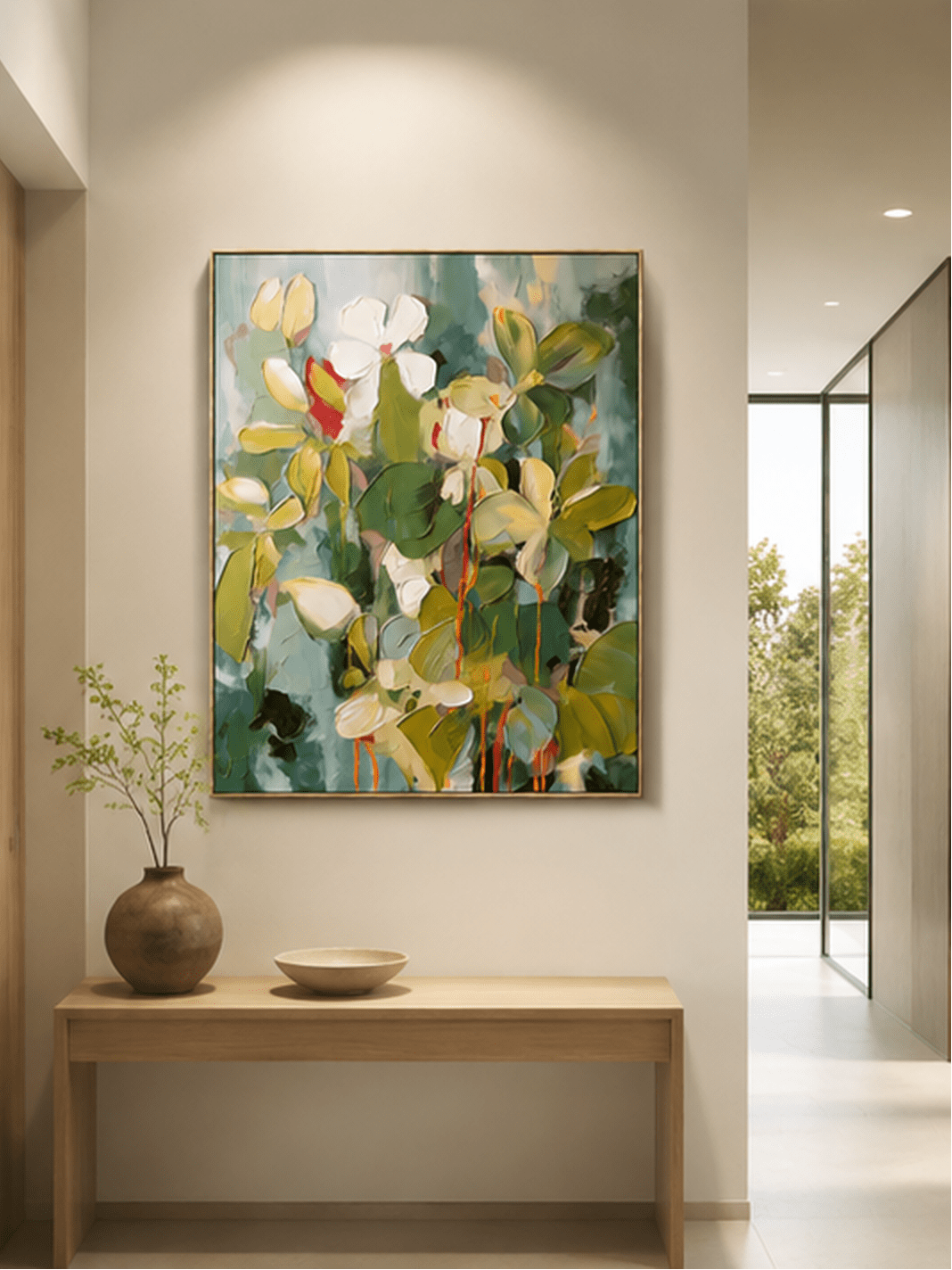 Vertical textured botanical wall art displayed above an entryway console in an organic modern interior
