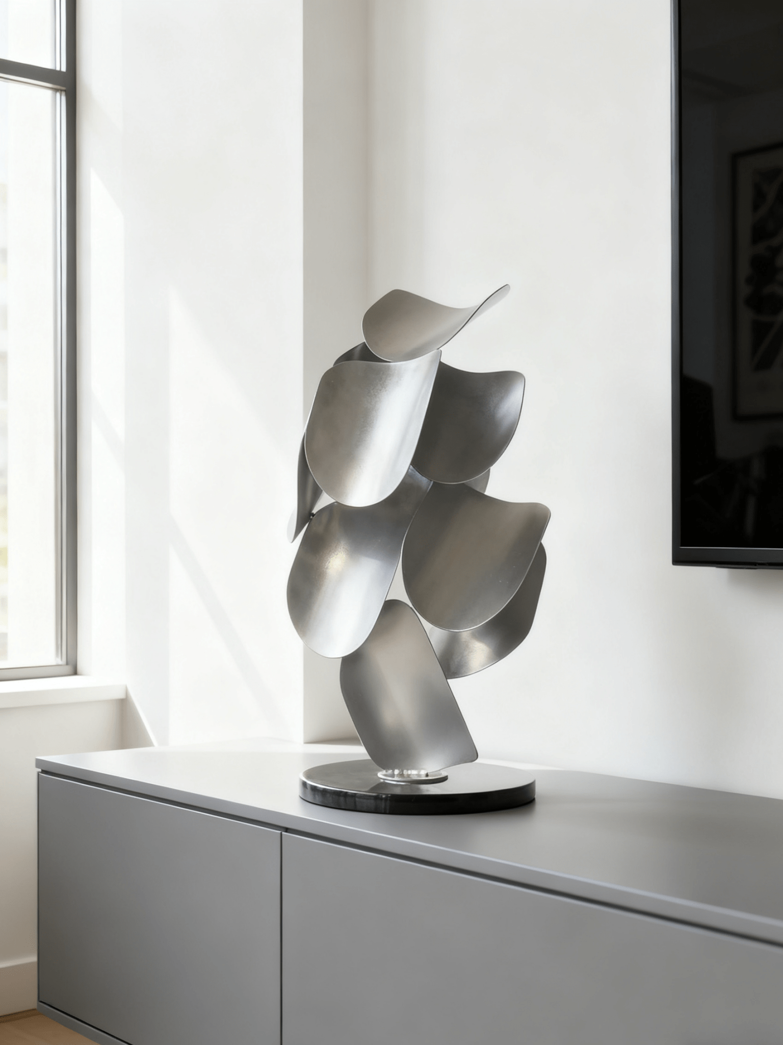 abstract silver petal metal sculpture, 68cm tall vibrant crimson figurine for modern home floor or console decor