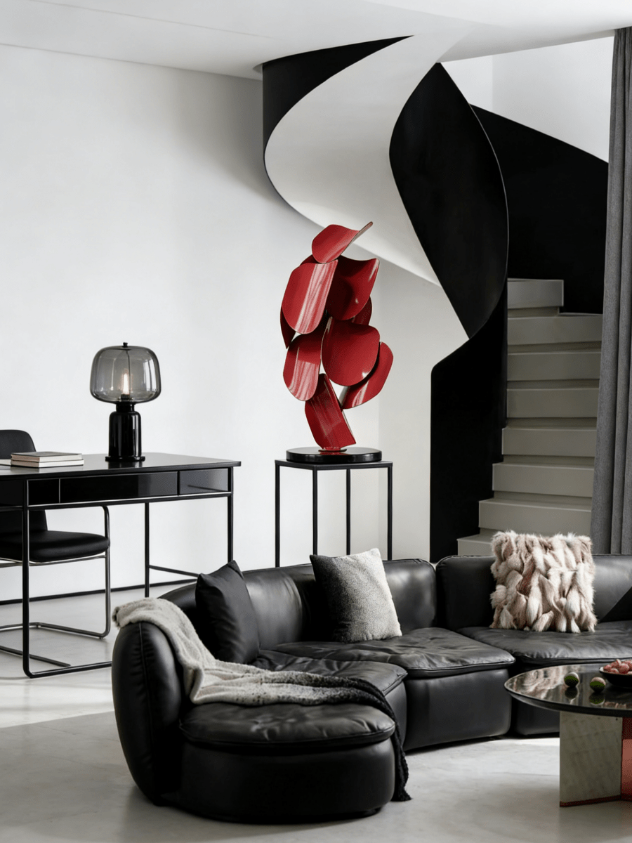 abstract red petal metal sculpture, 68cm tall vibrant crimson figurine for modern home floor or console decor