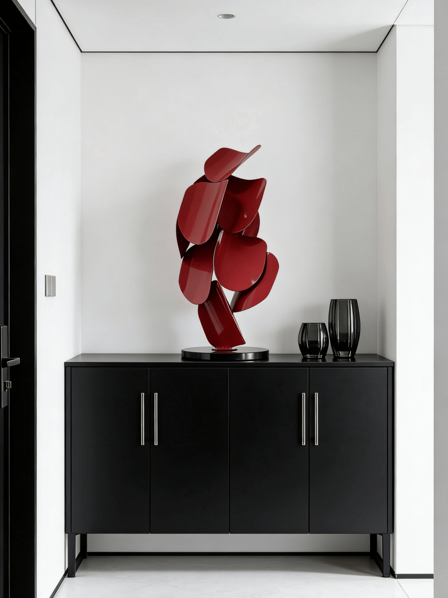 abstract red petal metal sculpture, 68cm tall vibrant crimson figurine for modern home floor or console decor