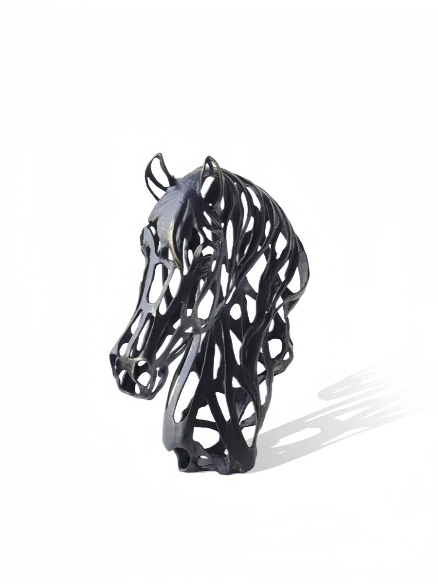 abstract horse head sculpture, matte black openwork metal figurine for modern home office decor