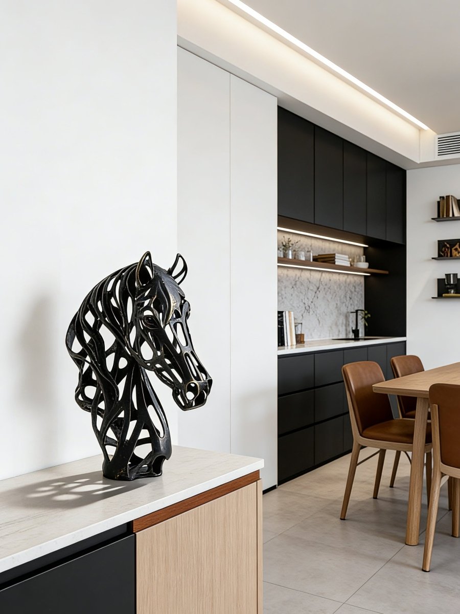 abstract horse head sculpture, matte black openwork metal figurine for modern home office decor