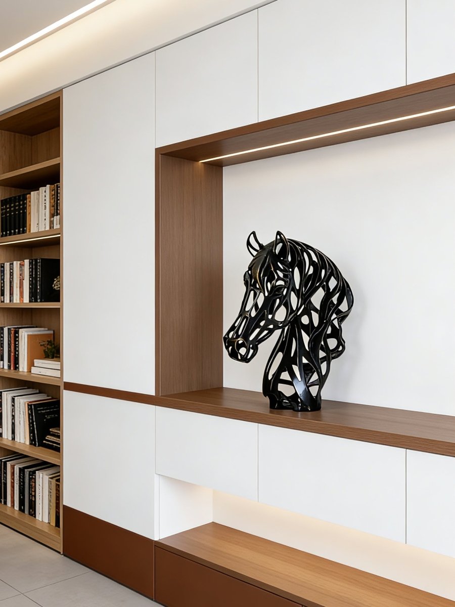 abstract horse head sculpture, matte black openwork metal figurine for modern home office decor