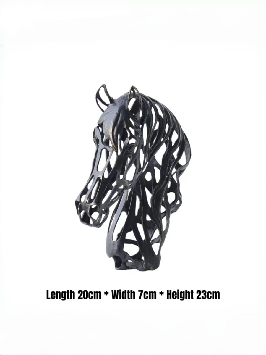abstract horse head sculpture, matte black openwork metal figurine for modern home office decor