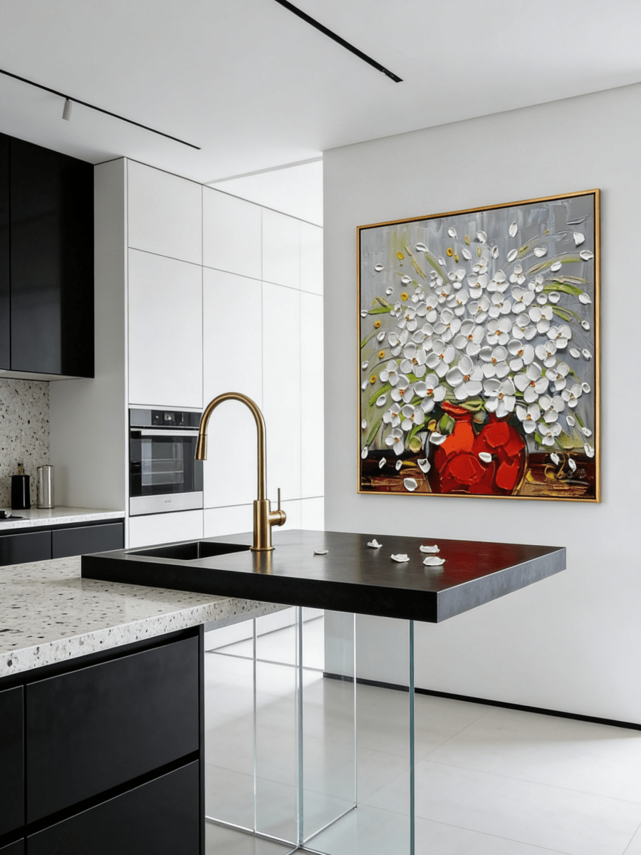 Hand-painted impasto oil painting featuring white flowers in a red vase with heavy palette knife texture on a gray background