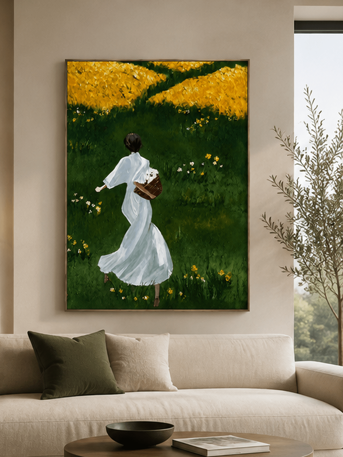 Cottagecore woman in meadow painting displayed above neutral furniture in a warm living room