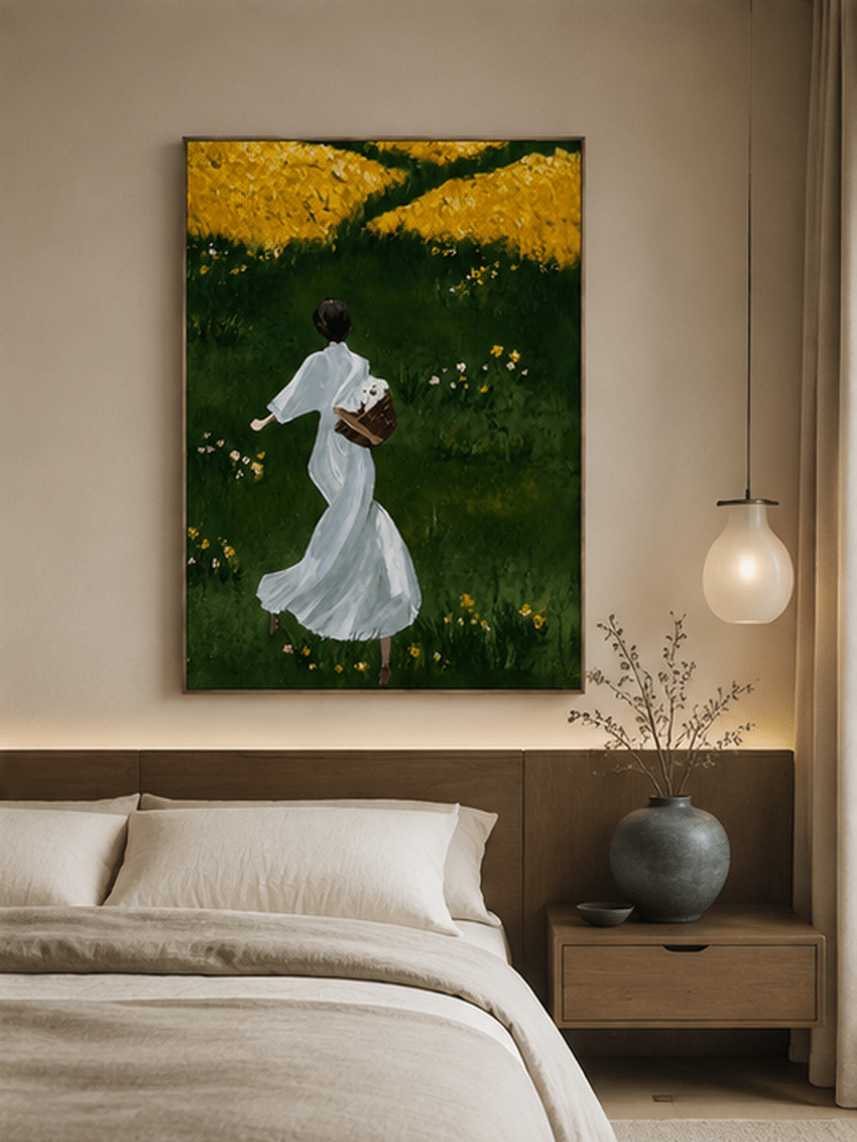 Romantic wildflower meadow wall art displayed above the bed in a cozy cottagecore bedroom