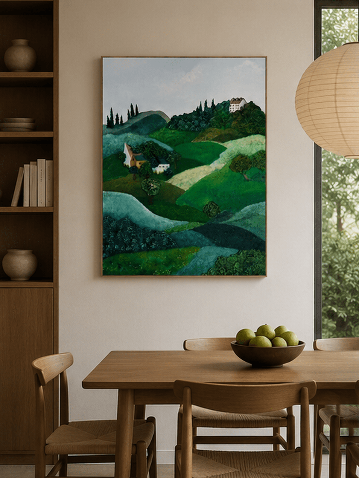 Hand-painted Tuscan countryside landscape displayed in a dining room with natural wood furniture