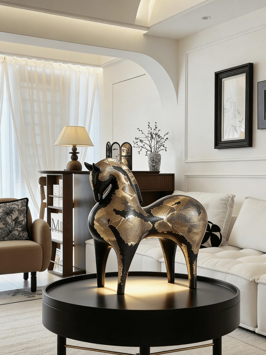 abstract horse sculpture with antique gold leaf finish on black resin, modern equestrian art for luxury home decor.