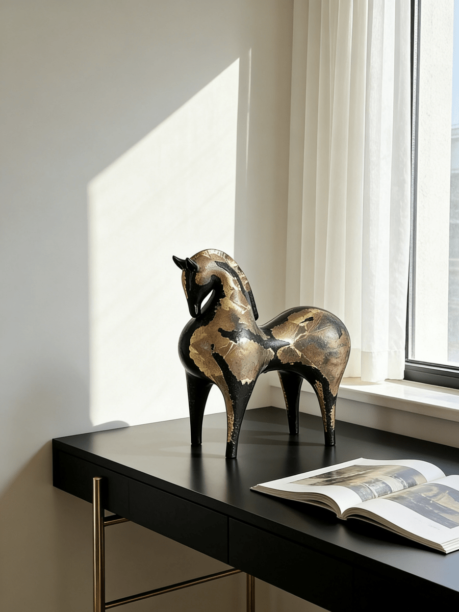 abstract horse sculpture with antique gold leaf finish on black resin, modern equestrian art for luxury home decor.