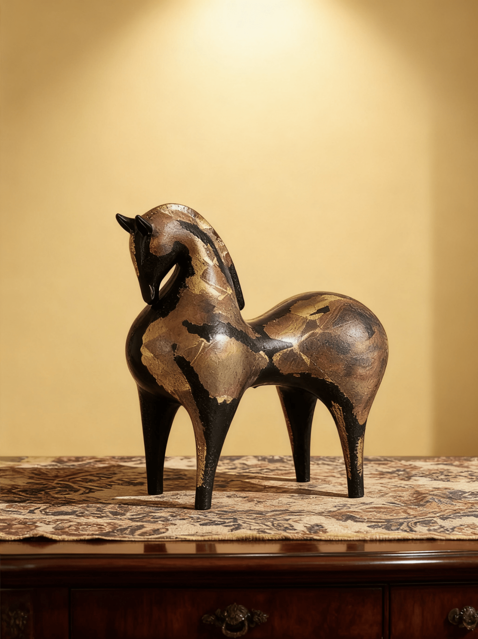 abstract horse sculpture with antique gold leaf finish on black resin, modern equestrian art for luxury home decor.