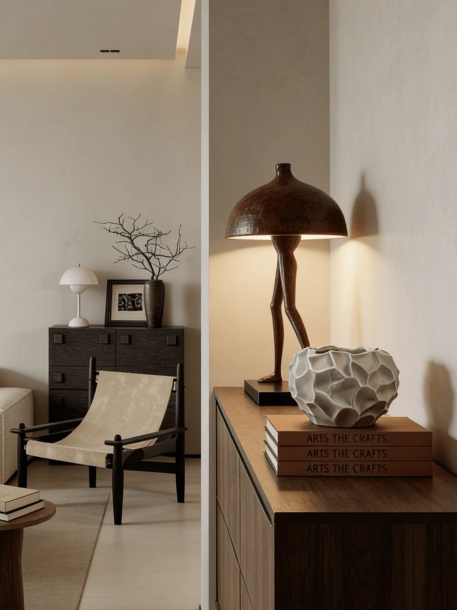 Walking Mushroom surreal sculpture - whimsical resin art object for shelf or tabletop decor