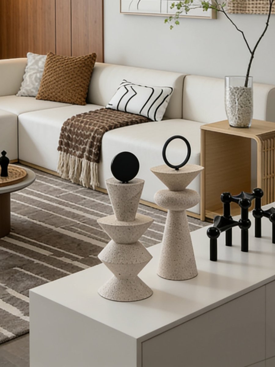 Minimalist geometric sculpture set in beige terrazzo texture resin - modern architectural decor for shelf or console styling