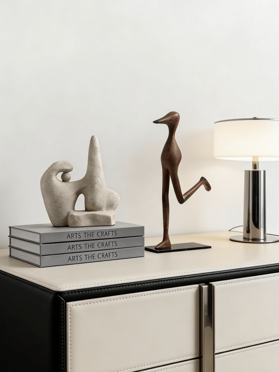 abstract biomorphic resin sculptures, sandstone texture stone art and wood finish running bird figurine on a bookshelf.