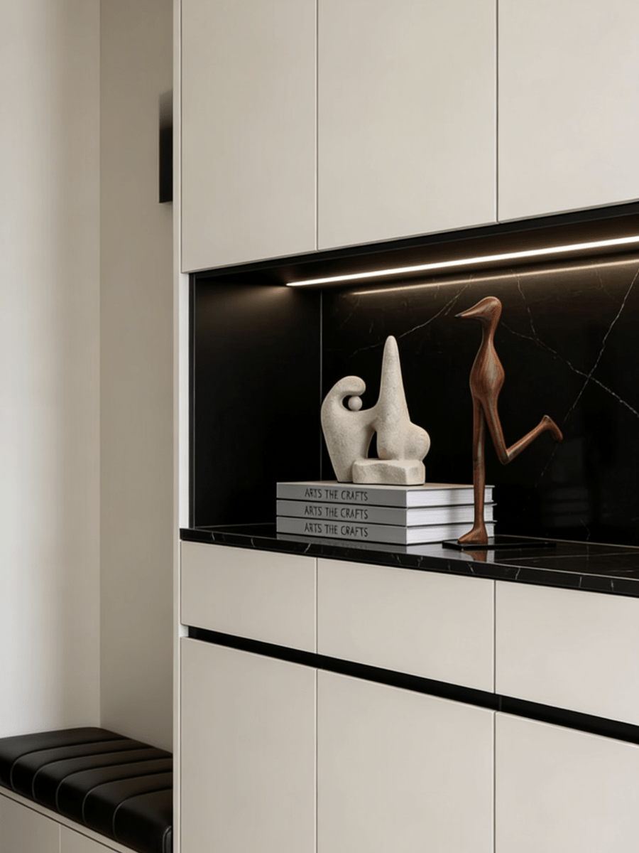 abstract biomorphic resin sculptures, sandstone texture stone art and wood finish running bird figurine on a bookshelf.