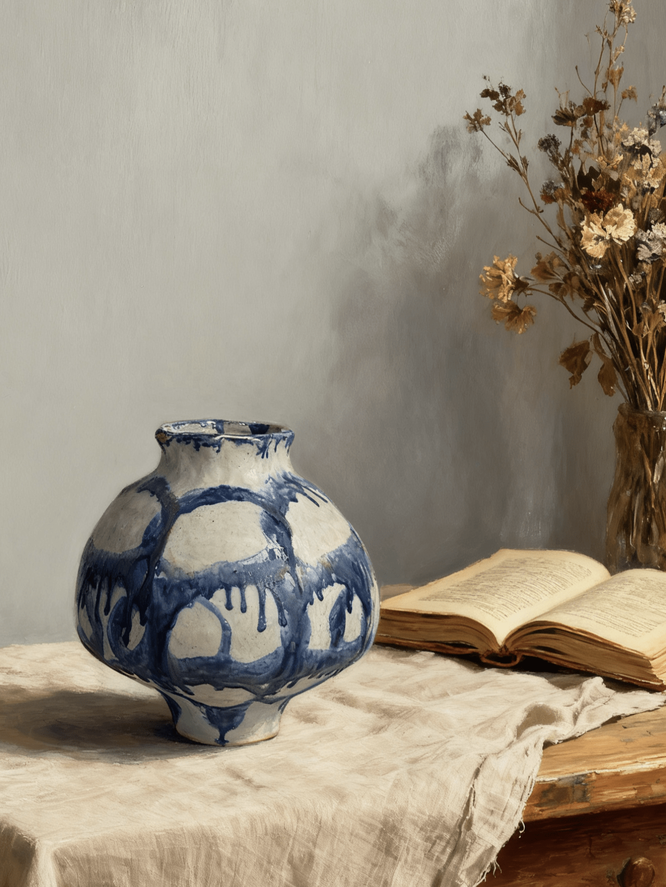 blue and white abstract drip glaze ceramic vase, hand-painted ink-wash style pottery sculpture for modern living room console.