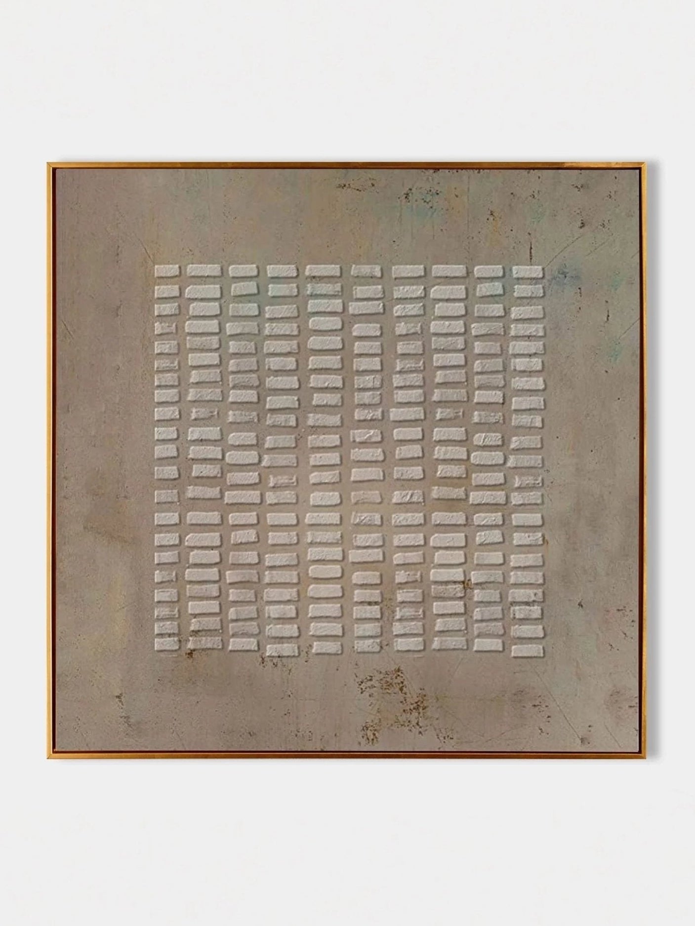 Large square 3D textured geometric abstract painting by Eliot Vermeer featuring a white grid on a warm taupe background in a modern living room.