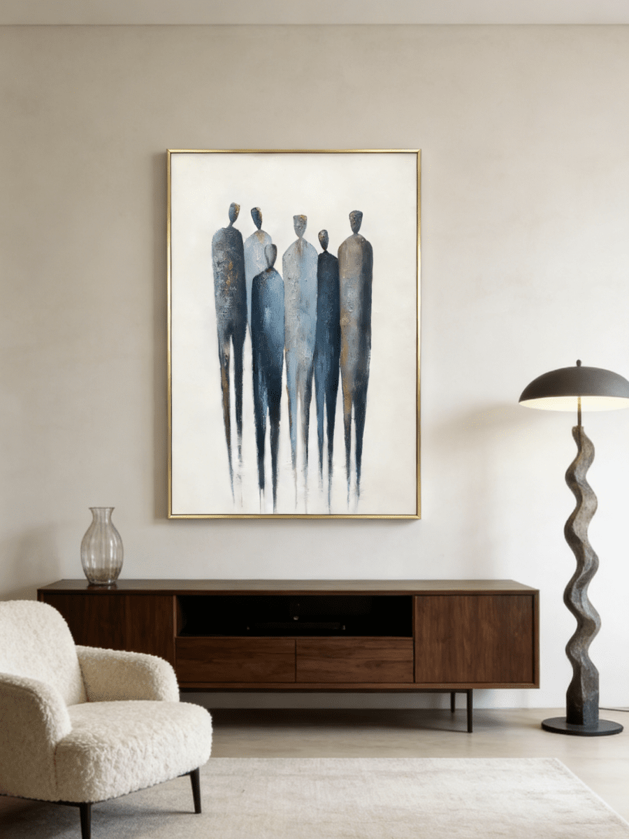 A hand-painted minimalist abstract painting of six tall figures in blue and grey on a white background with gold leaf accents
