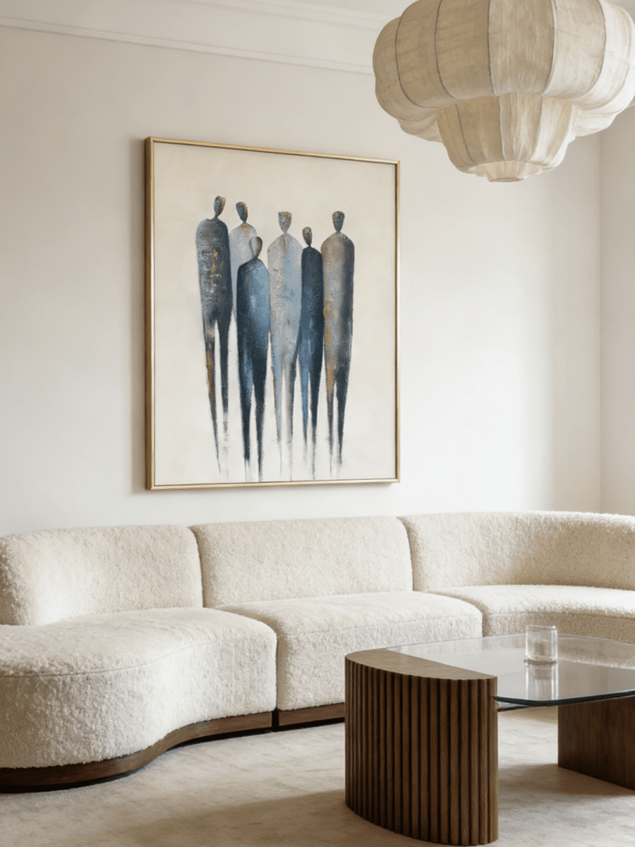 A hand-painted minimalist abstract painting of six tall figures in blue and grey on a white background with gold leaf accents