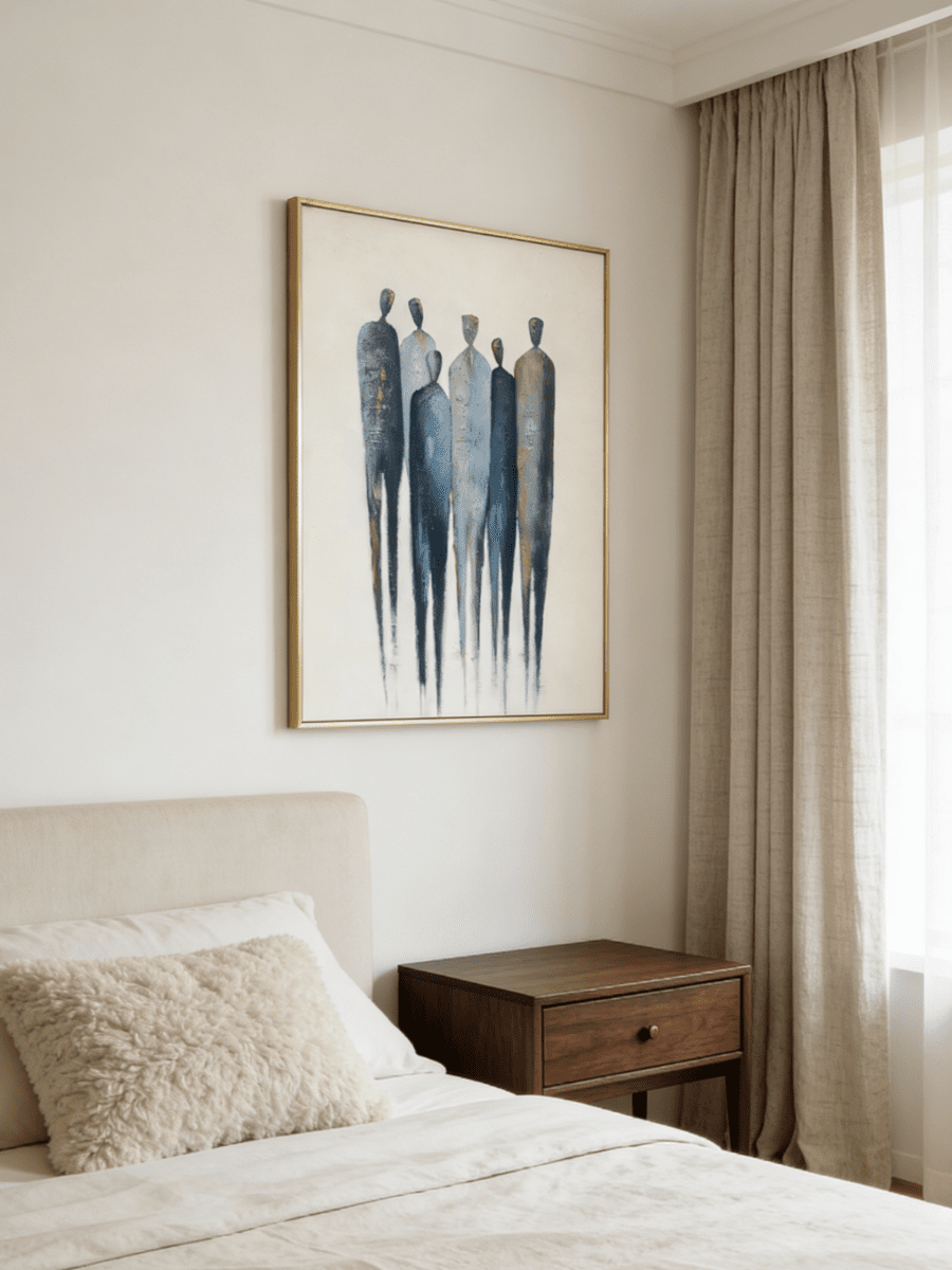 A hand-painted minimalist abstract painting of six tall figures in blue and grey on a white background with gold leaf accents