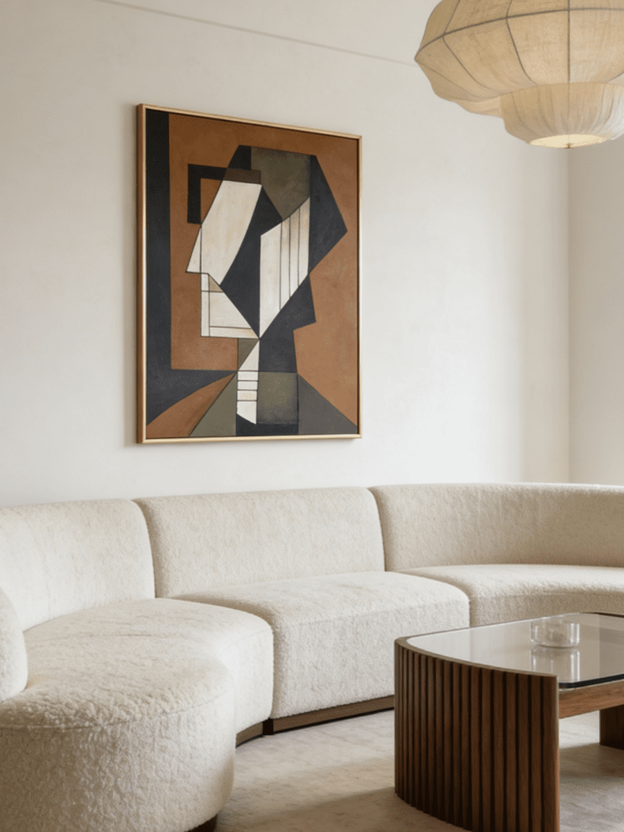 A hand-painted mid-century modern geometric portrait on canvas, featuring orange, green, and blue color blocks in a gold frame.