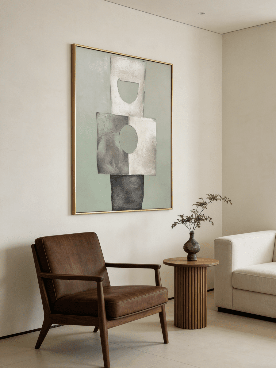 Hand-painted minimalist abstract geometric painting featuring thick stone-like texture in sage green, grey, and white in a gold frame.