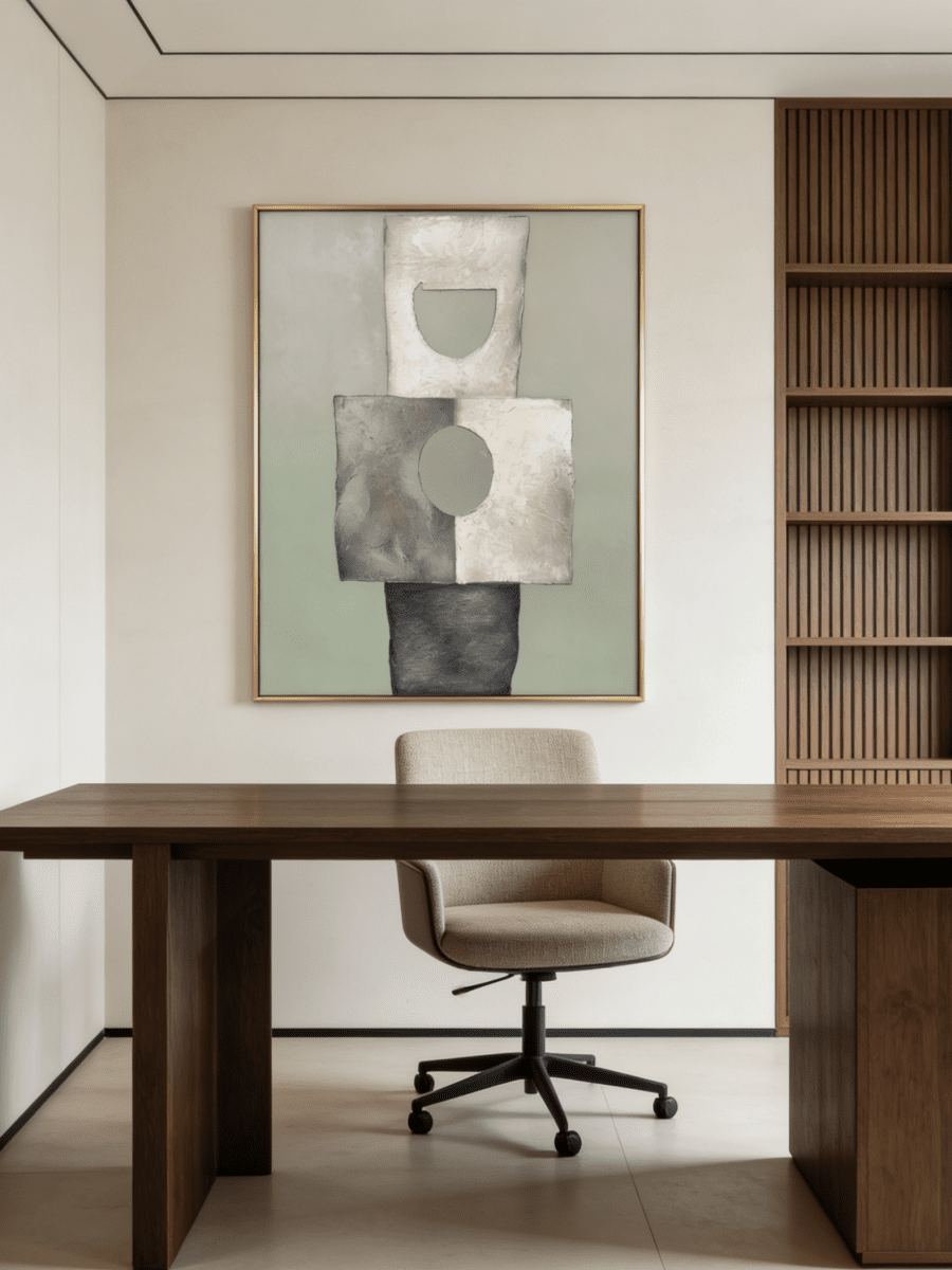 Hand-painted minimalist abstract geometric painting featuring thick stone-like texture in sage green, grey, and white in a gold frame.