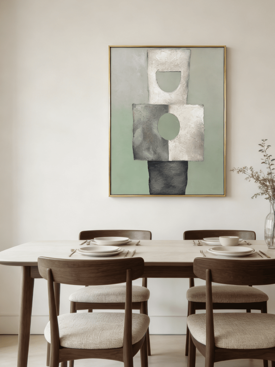 Hand-painted minimalist abstract geometric painting featuring thick stone-like texture in sage green, grey, and white in a gold frame.