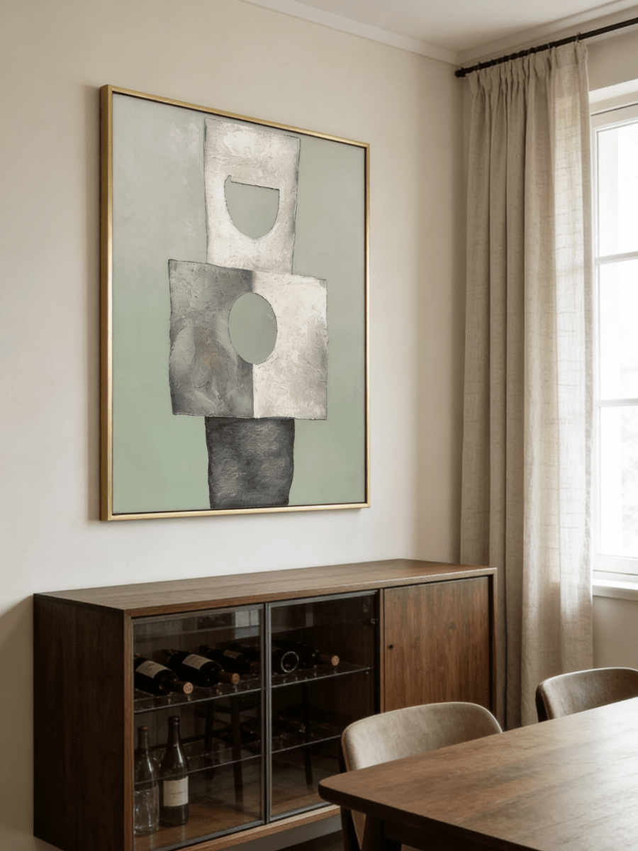 Hand-painted minimalist abstract geometric painting featuring thick stone-like texture in sage green, grey, and white in a gold frame.