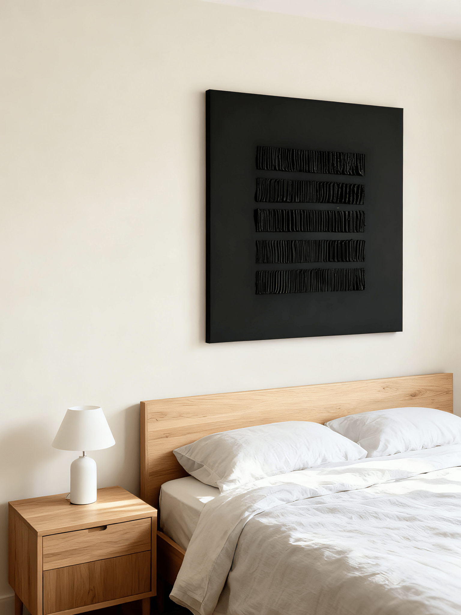 Black textured stripe wall art displayed in modern living room, showcasing Wabi-Sabi aesthetic in home decor