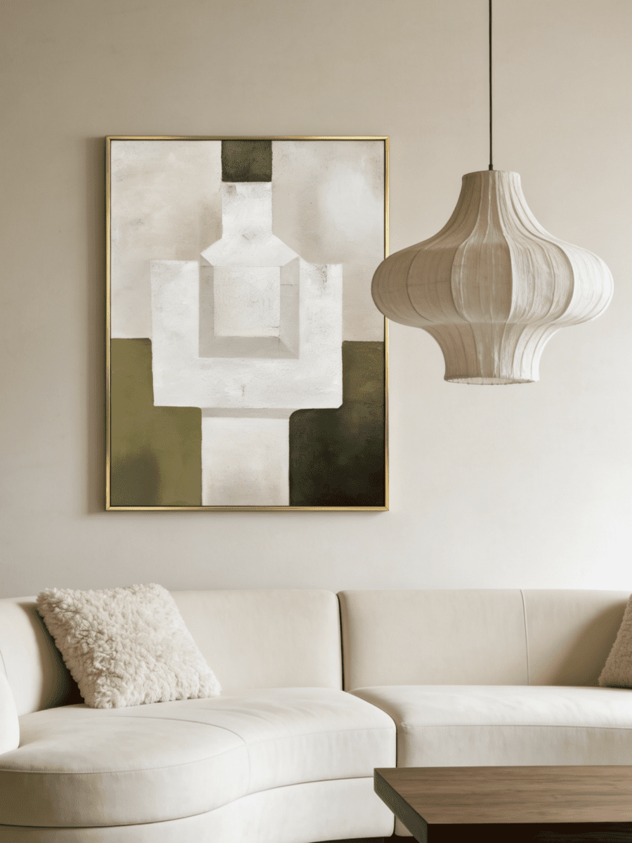 Hand-painted organic modern geometric abstract painting with thick stone-like texture in moss green, sand, and white colors in a gold frame.