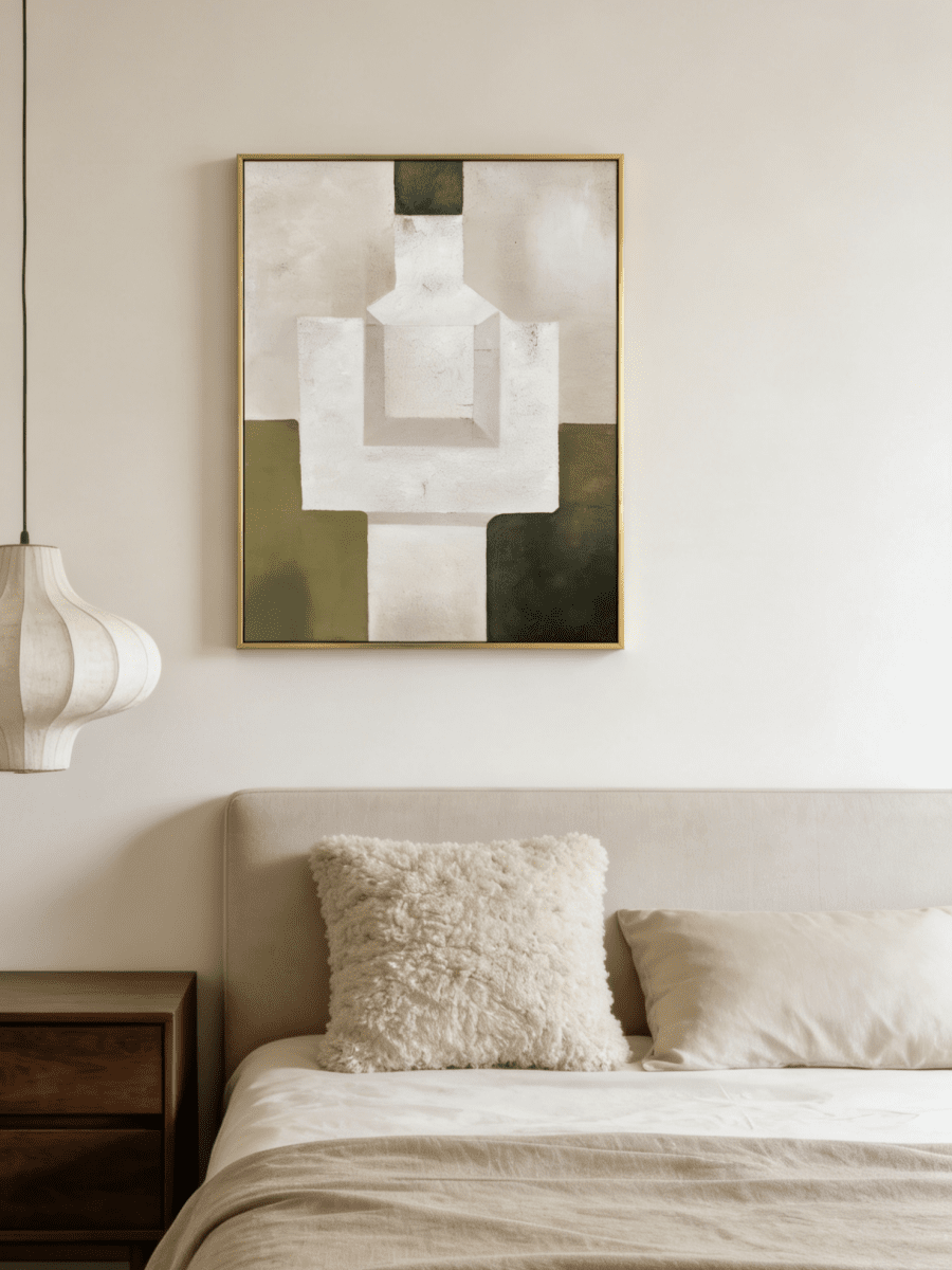 Hand-painted organic modern geometric abstract painting with thick stone-like texture in moss green, sand, and white colors in a gold frame.