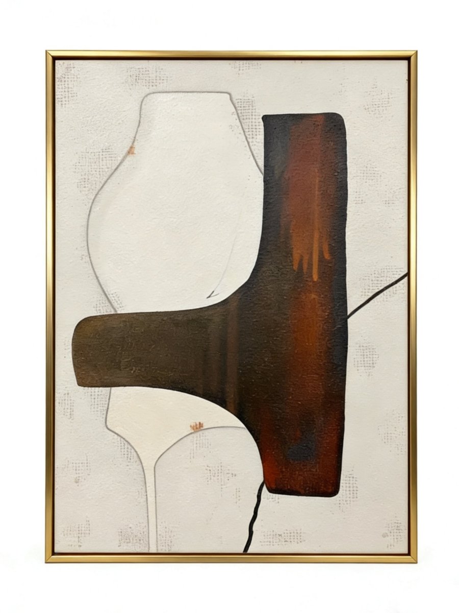Hand-painted organic modern abstract painting featuring stone-textured background, brown and black shapes in a gold floater frame.