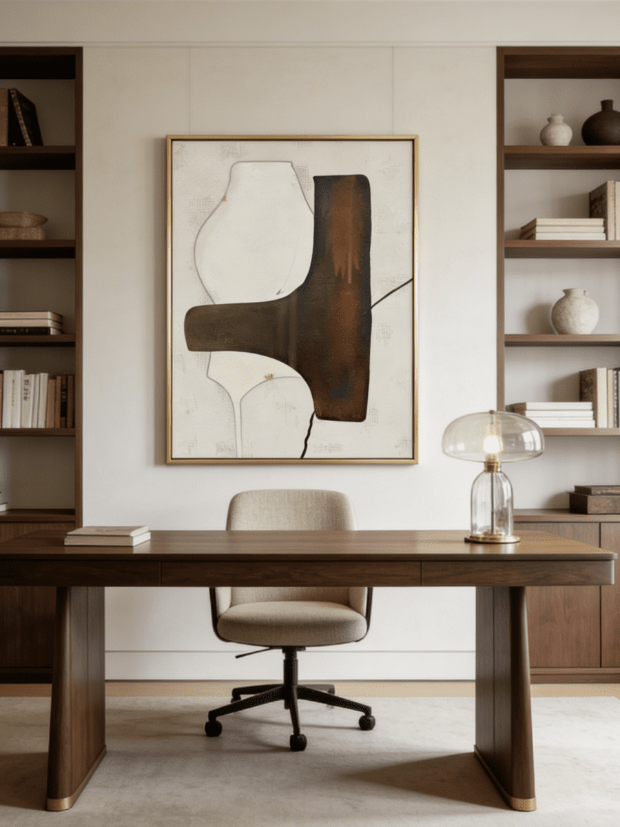 Hand-painted organic modern abstract painting featuring stone-textured background, brown and black shapes in a gold floater frame.