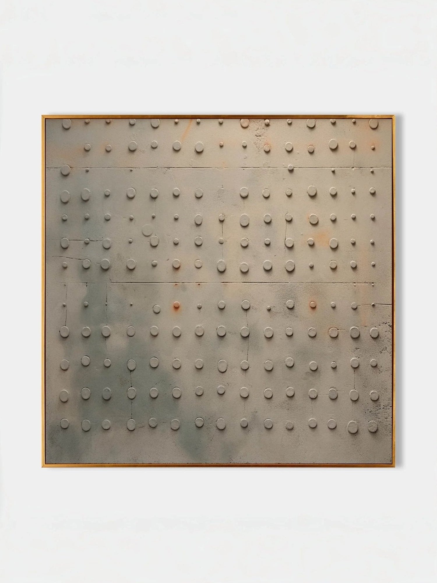 Large square hand-painted industrial abstract painting with heavy 3D rivet-like texture in concrete grey and rust tones by Eliot Vermeer.