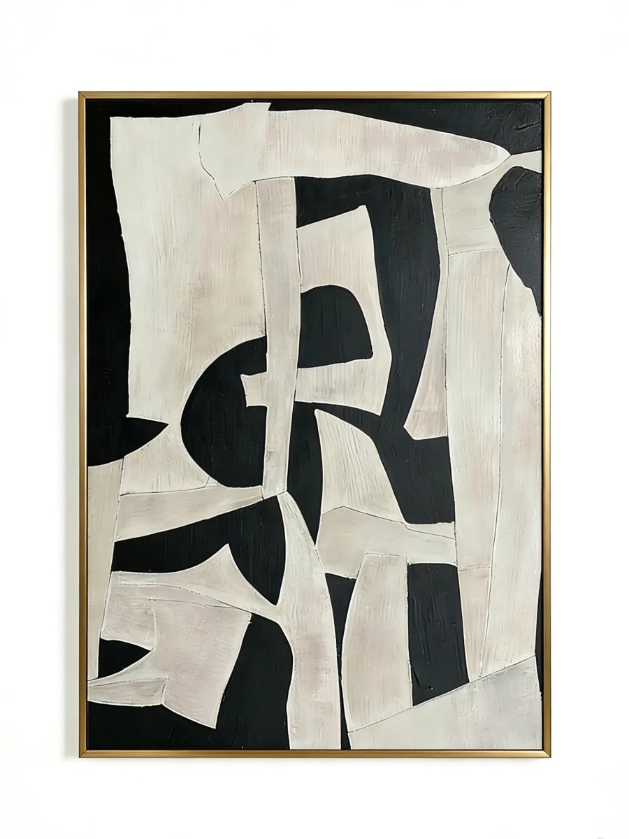 Large vertical hand-painted abstract painting with bold black and white geometric shapes and heavy impasto texture by Seraphina Rose in a modern luxury living room.