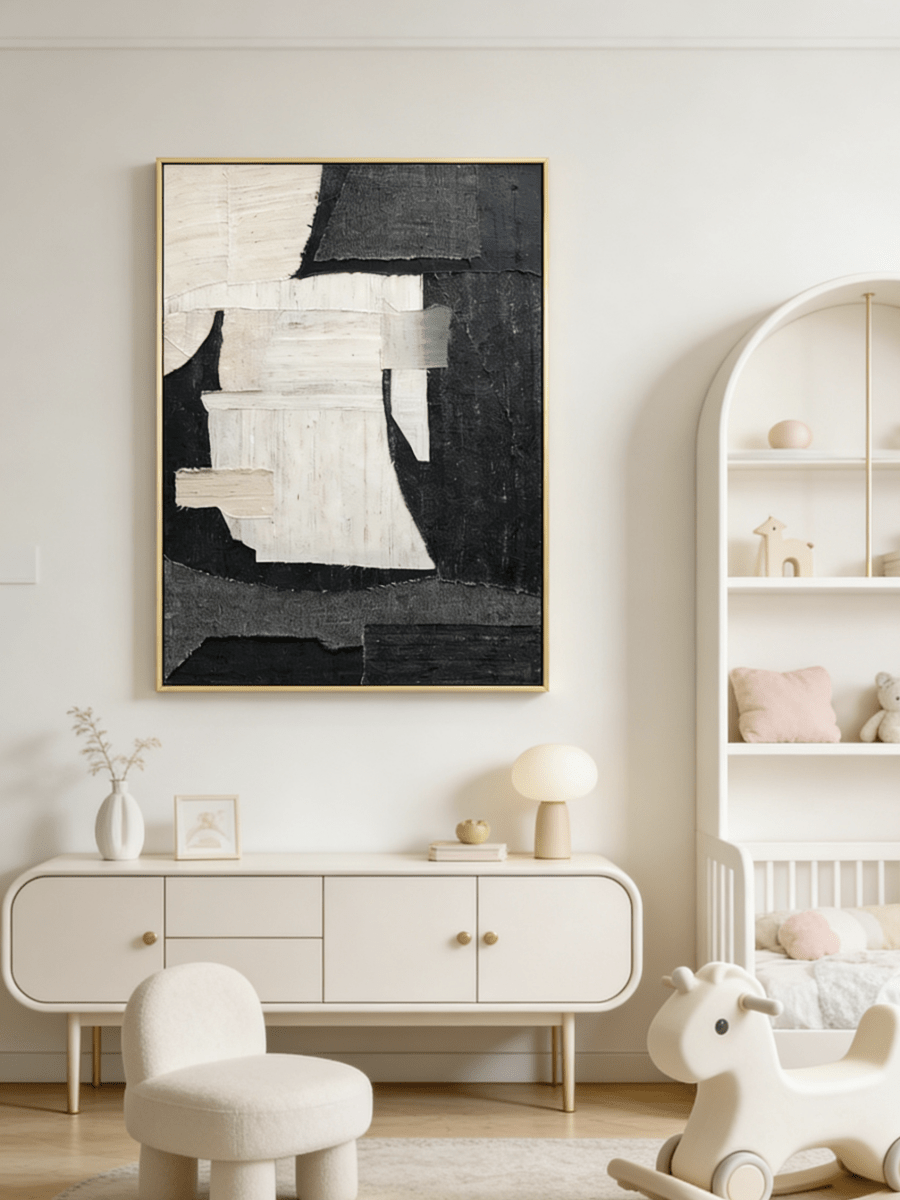 Large vertical hand-painted abstract painting with black and white textured blocks and fabric-like impasto by Seraphina Rose in a modern luxury living room.