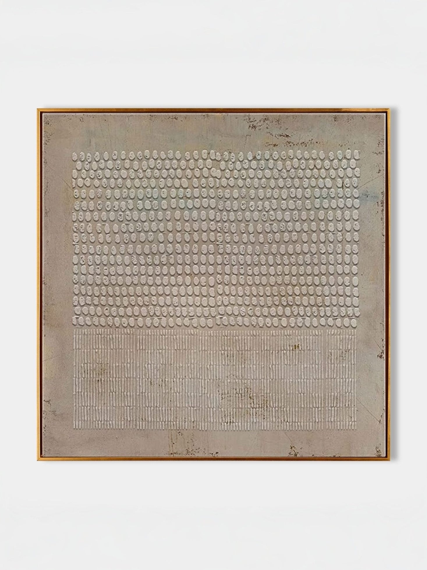 Large square hand-painted minimalist abstract painting with heavy 3D plaster texture showing dots and lines in oatmeal and cream by Eliot Vermeer.