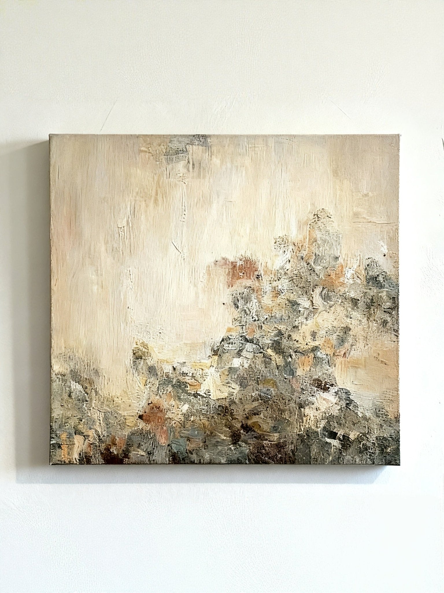 Wabi-Sabi style hand-painted oil painting of a single flower on a heavily textured and weathered wall, minimalist canvas art.