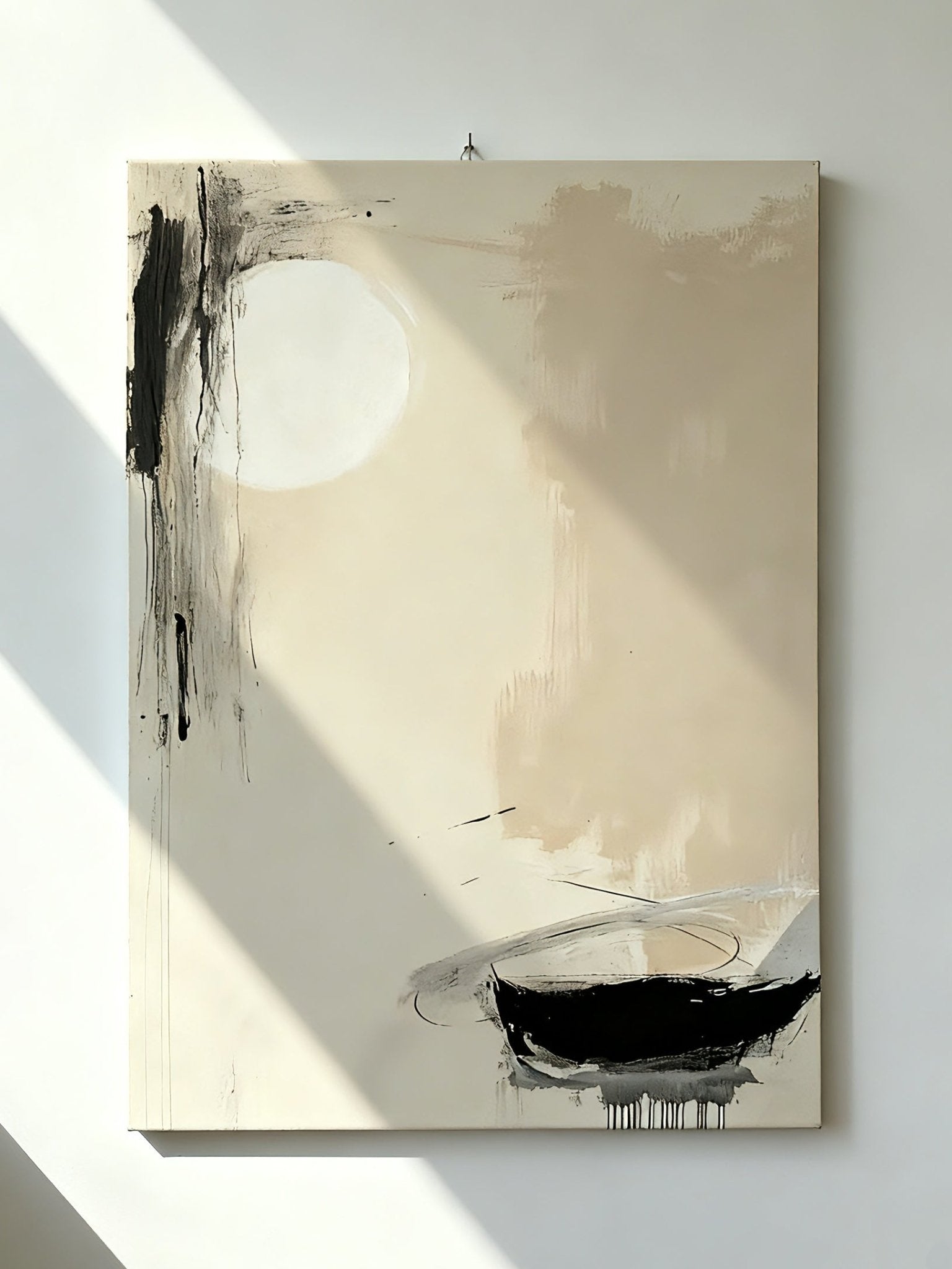 Wabi-Sabi style hand-painted abstract painting of lone boat under full moon on lake, textured canvas wall art for serene home decor