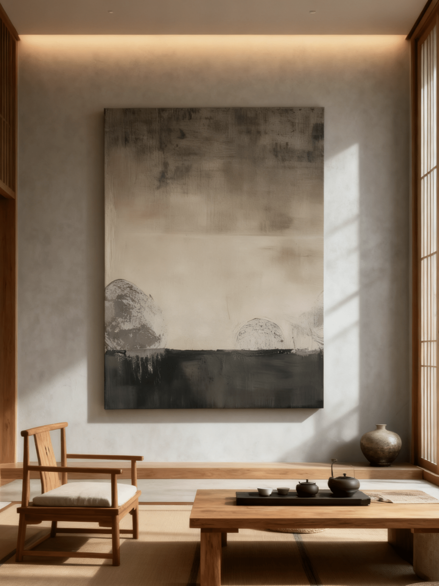 The camera captured the effect of the wabi-sabi style abstract painting in the living room.