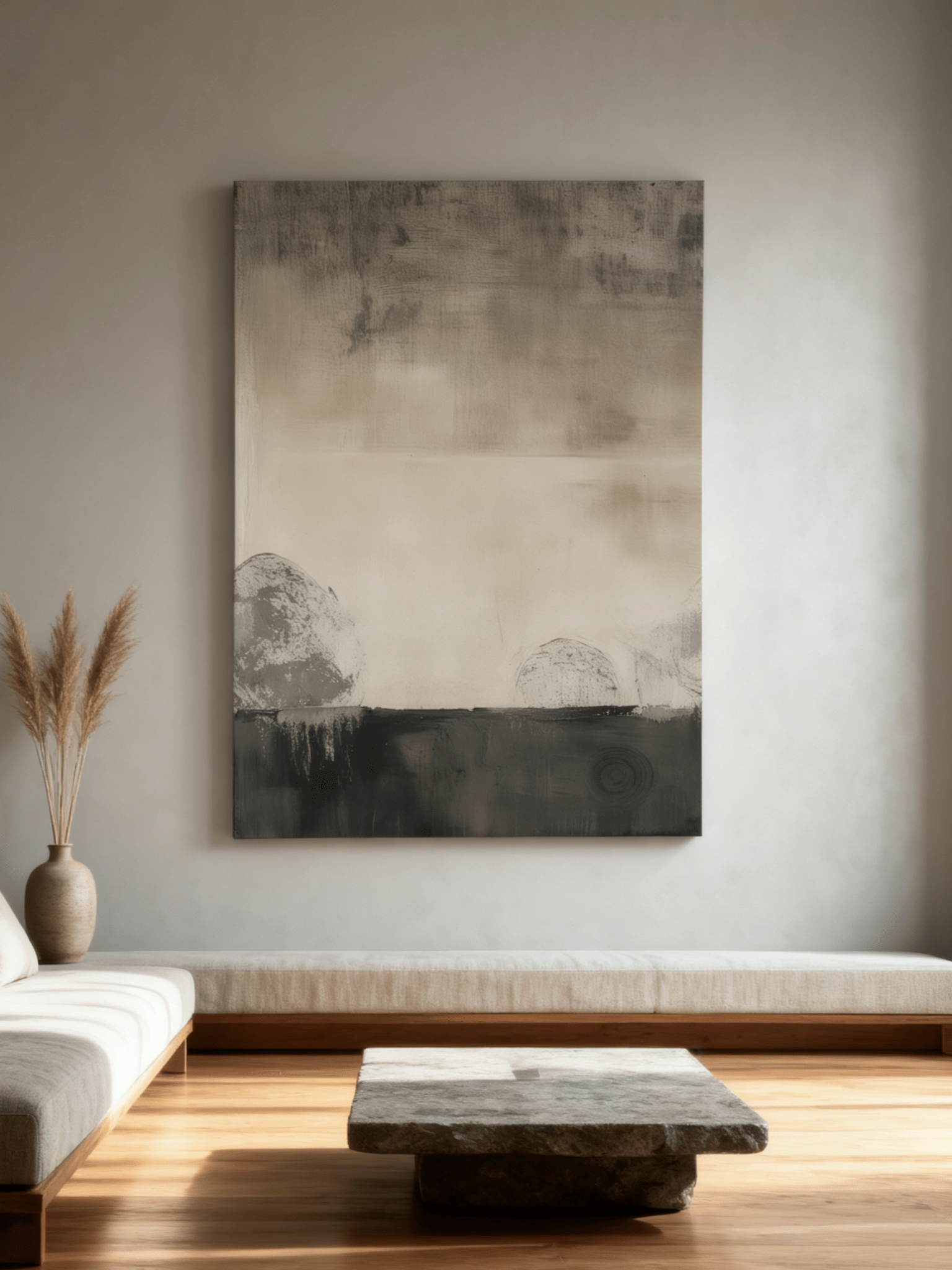 The camera captured the effect of the wabi-sabi style abstract painting in the living room.
