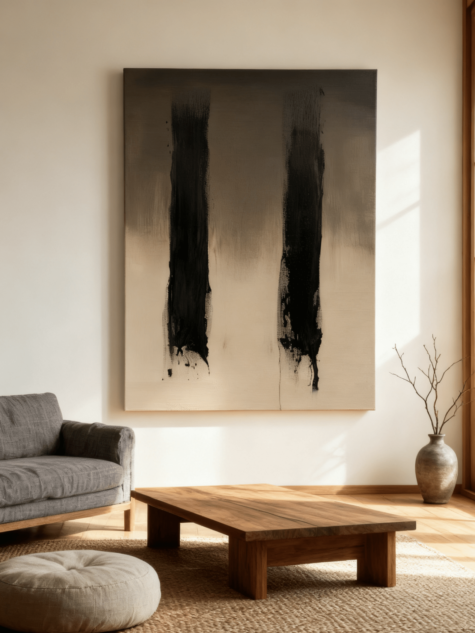 Wabi-Sabi abstract wall art displayed in modern living room interior, showing how the textured painting complements contemporary decor