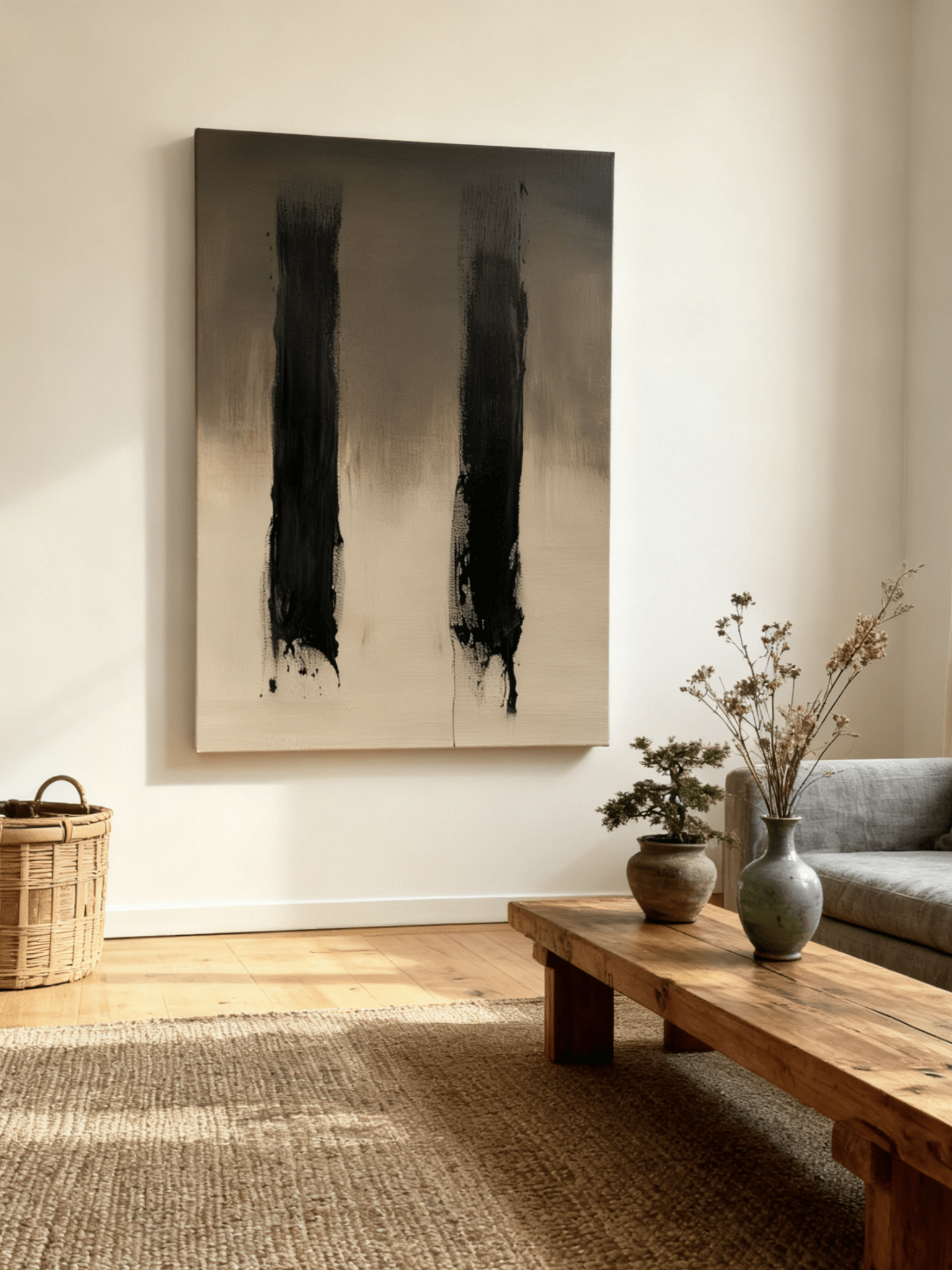 Wabi-Sabi abstract wall art displayed in modern living room interior, showing how the textured painting complements contemporary decor